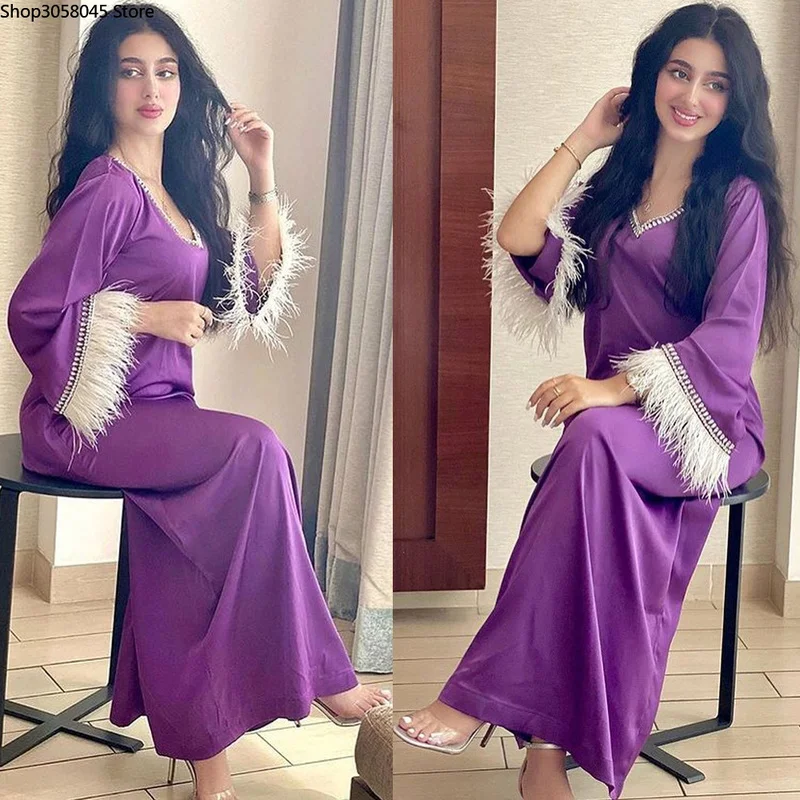 Женское платье макси с кисточками и перьями Abayas фиолетовое вечернее в
