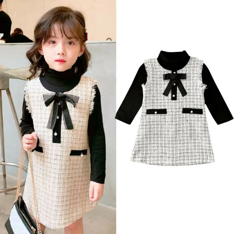 CANIS Spring Autumn 2Pcs Kid Baby Girl Clothes Long Sleeve Solid Color Top T-shirt Sleeveless Plaid Dress Formal Outfit | Мать и ребенок