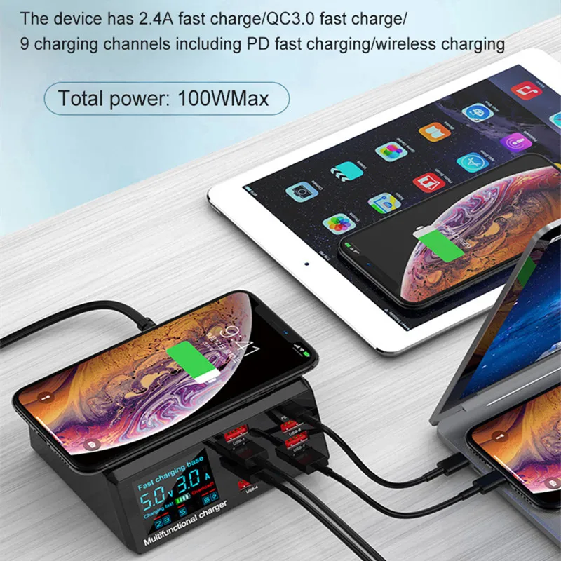 

100W Charger Multi-function 8 USB QC3.0 Fast Wireless Charger Multi-port Digital Charger Wireless Charger For Phone Computer