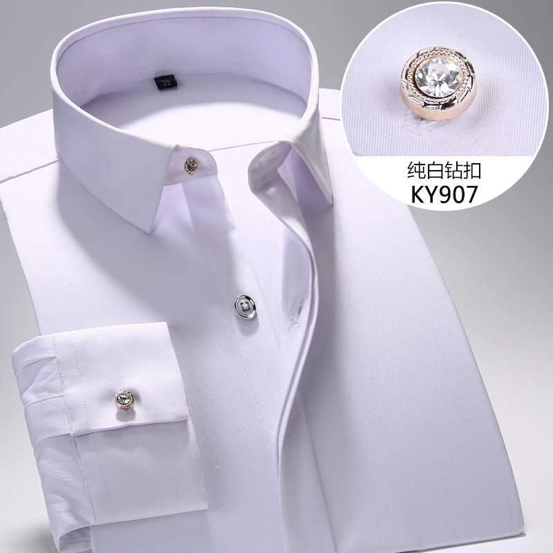 

Мужская деловая рубашка, белая однотонная Классическая рубашка с длинными рукавами, воротником со стразами, на пуговицах, весна-осень 2019