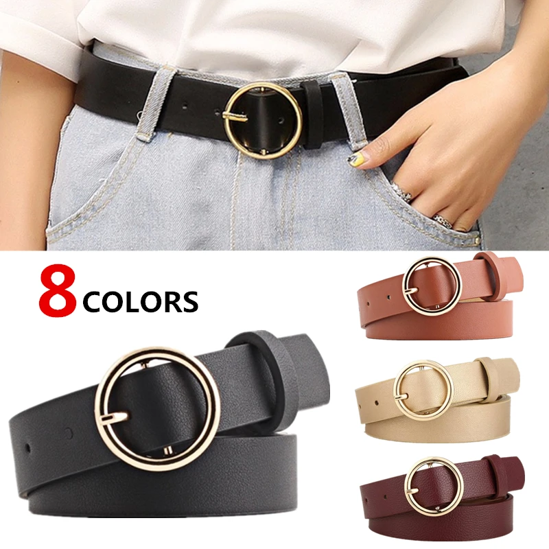 

1 PC 8Colors Classic Fashion Solid PU Leather Leisure Waistband Circle Metal Buckle Waist Belt For Women Dress Jeans
