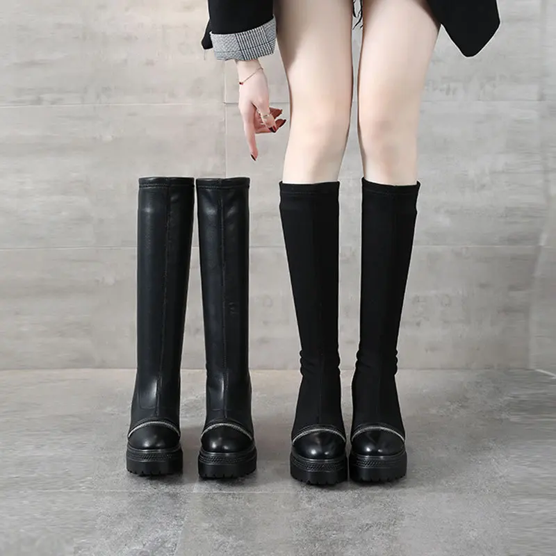 

Swonco Wedges Boots Women Knee High Snow Boots with Velvet 2020 New Female Tall Boots Chunky Heels Causal Shoes Slip On Boot