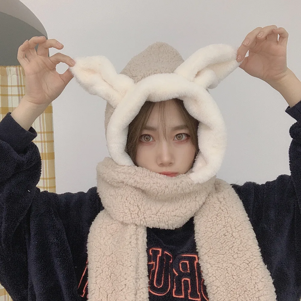 

Winter Flannel Hat Scarf Gloves Set For Girls Kawaii Thicken Rabbit Cute Korea Japan Designer Student Plush Bucket Hat