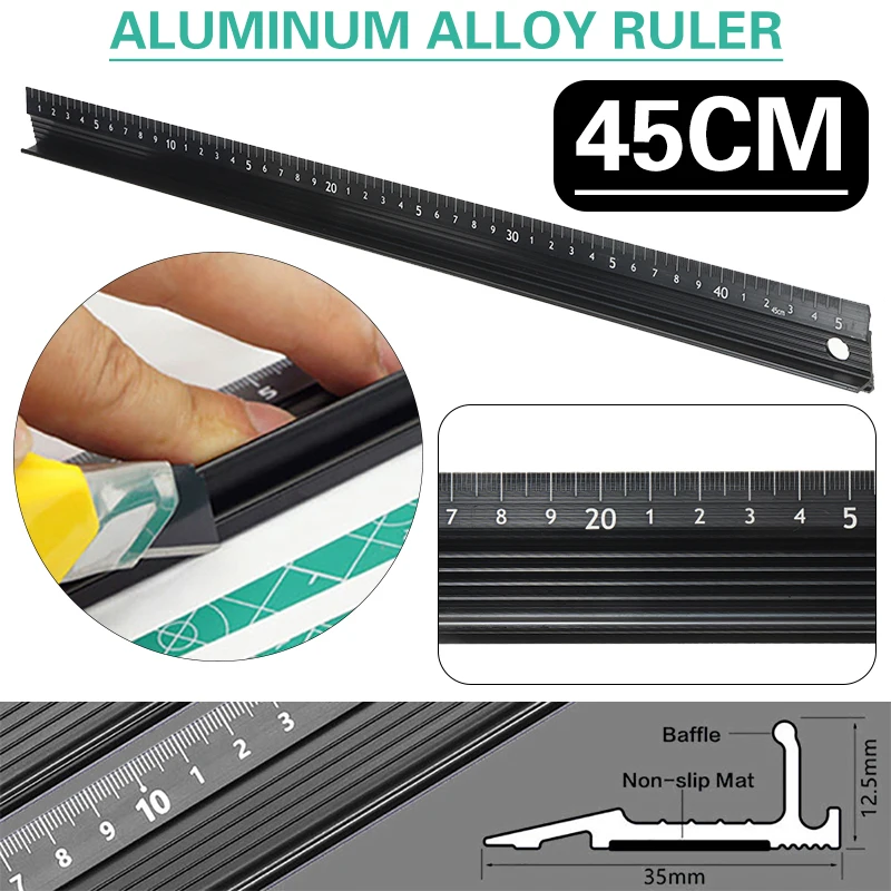 45cm Aluminum Alloy Ruler Student Laser Printing Scale Ruler Millimeters Scale Safety Cutting Marking for School Art Craft