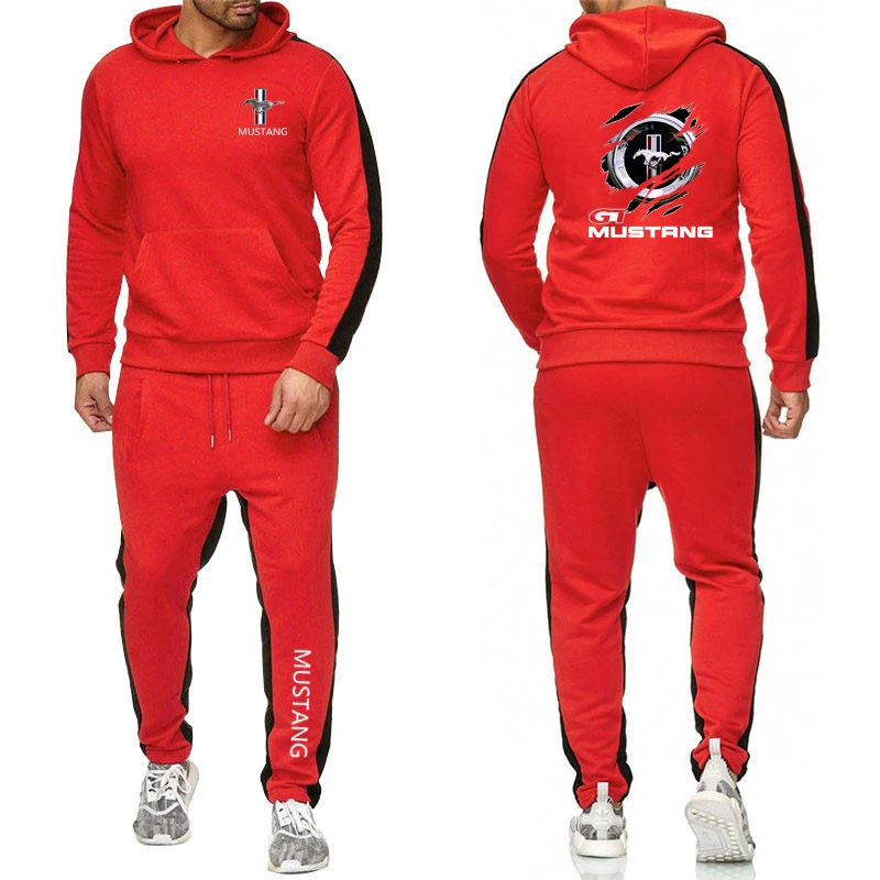 

2021 New Mens Creative Design Mustang 2 Pieces Sets Tracksuit Pullover Hooded Hoodie Sportwear Suit Casual Sweatshirt+pants