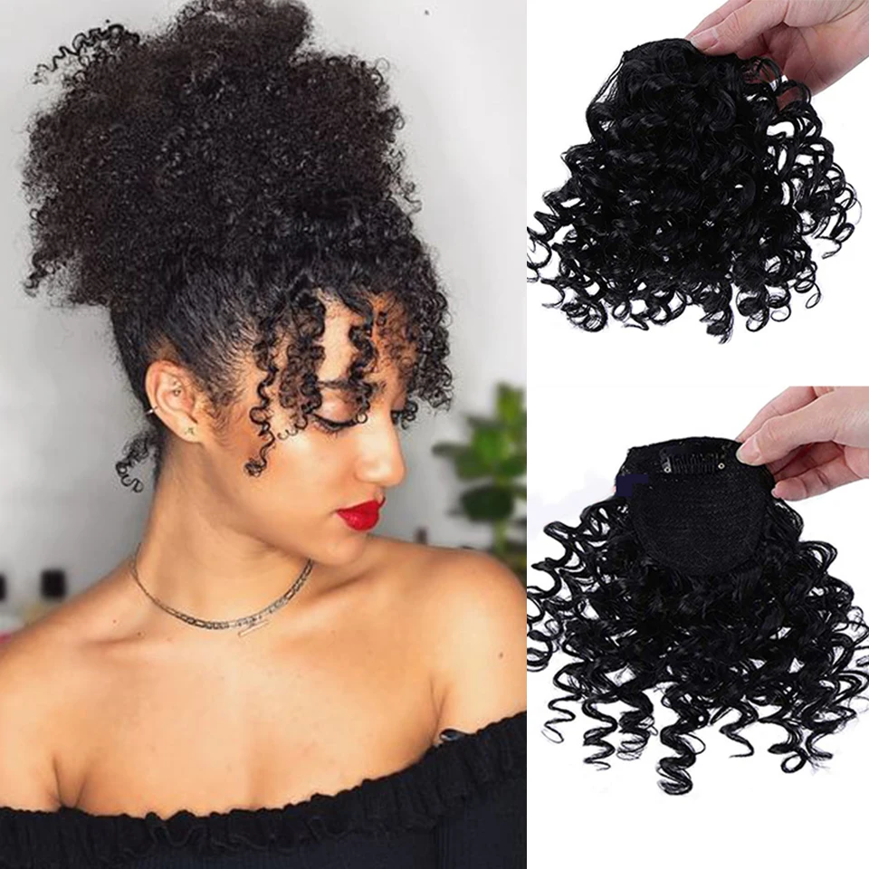 

HOUYAN Natural black fake curly stripes two clipped in explosive synthetic bangs high temperature wig for women