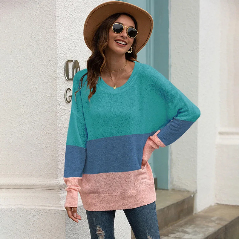 

Woman Long Sleeve Casual Fashionable Sweaters Autumn Female Off-Shoulder Striped Patchwork Knitted Sweater Winter Clothes Women