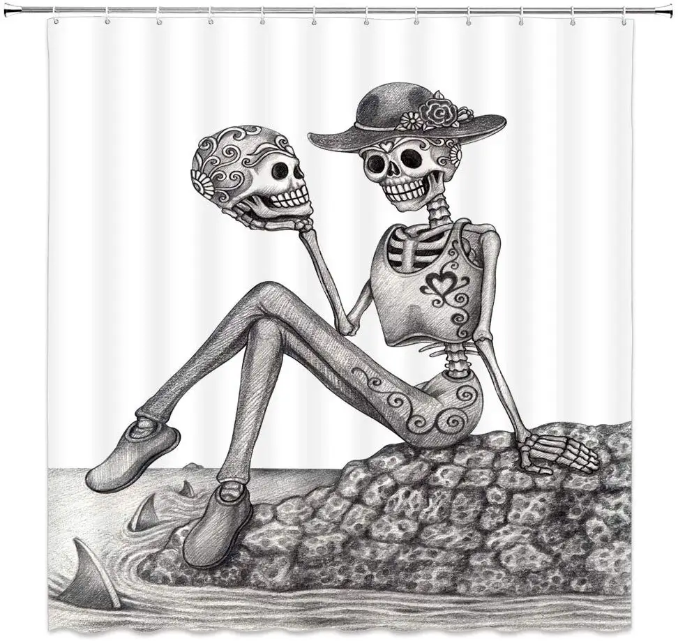 

Halloween Decor Dead Zombie Lady Hipster Holding Lover Skull Smile on Rock Scary Romance Scene