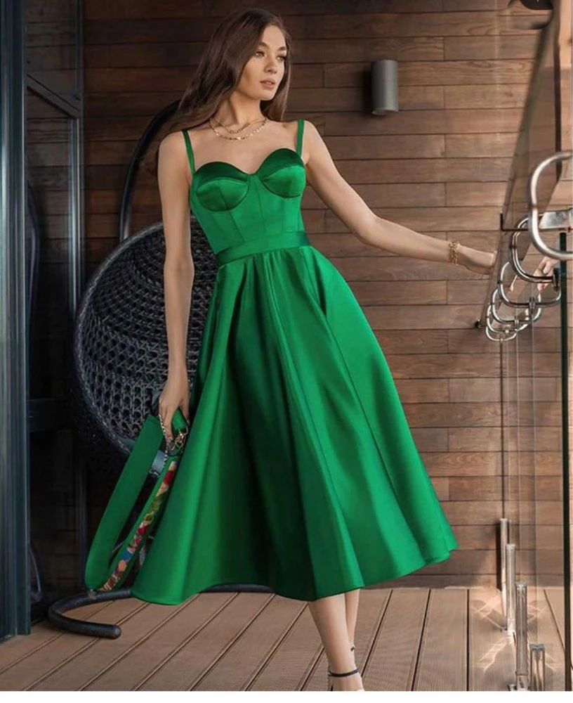 

Verngo Simple Green A Line Evening Party Dresses Short Spaghetti Straps Satin Corset Homecoming Dress Tea Length Formal Gown