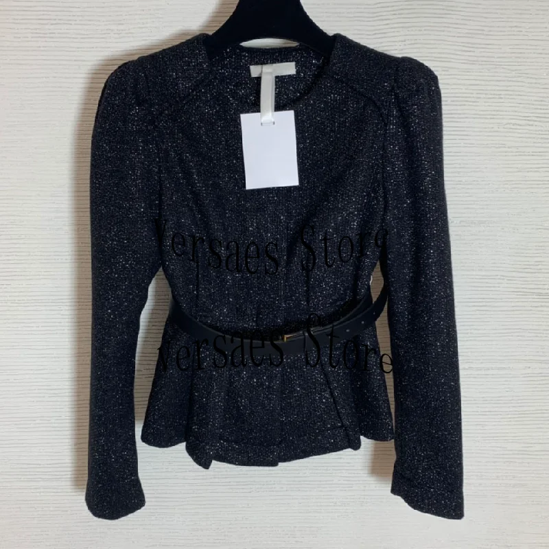 

2021 Luxury Design Women's new elegant temperament fashionable bright silk blended crimped waist puff sleeve coat coat women