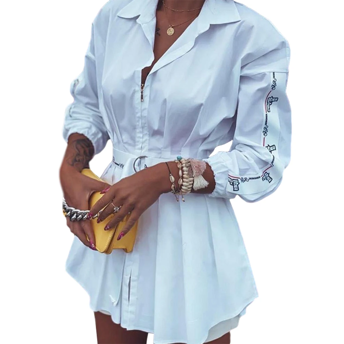 

Женское платье-Блуза с рукавом-фонариком, плиссированное мини-платье на молнии с V-образным вырезом и буквенным принтом