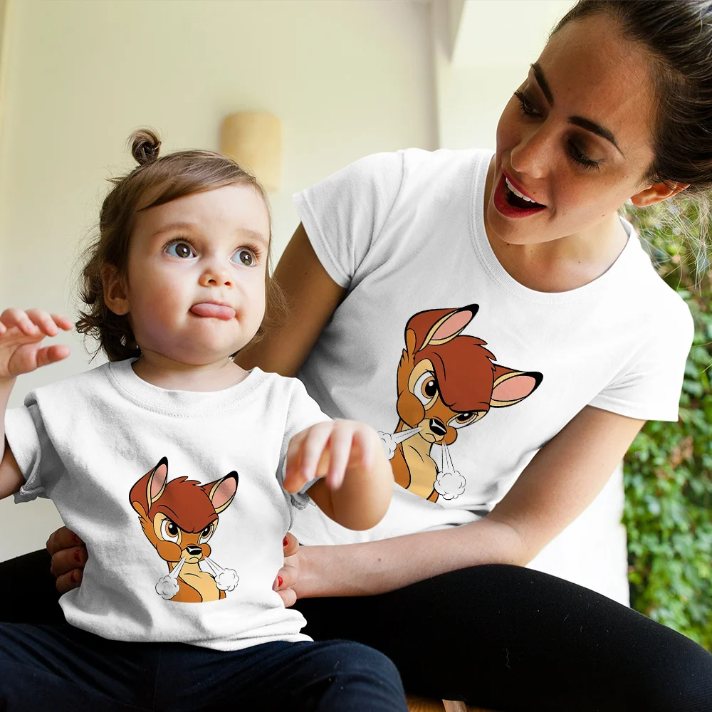 Одежда для мамы и ребенка футболка с рисунком анимационного Бэмби кролика летняя