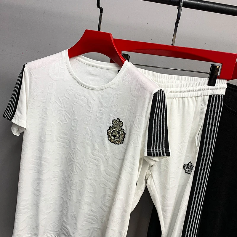 

Europe station summer new high end men's crown embroidery men's casual sportswear set men's thin two piece set