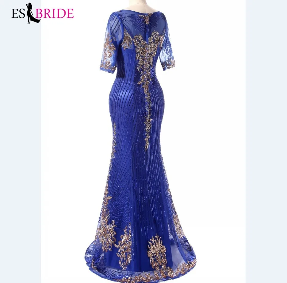 Royal Blue Evening Gown Gold Shiny Bead Piece Evening Dress Formal Mermaid Long Robe De Soiree Special Occasion Dresses ES2607