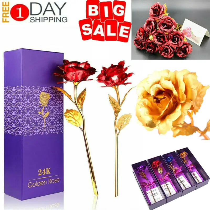 Роза с покрытием из 24-каратного золота в коробке подарок на день Святого