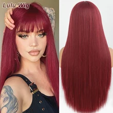 Long Straight Wine Red Wig With Bangs Synthetic Hair Wigs Bang With Wig For Women Wine Red Heat Resistant Wigs