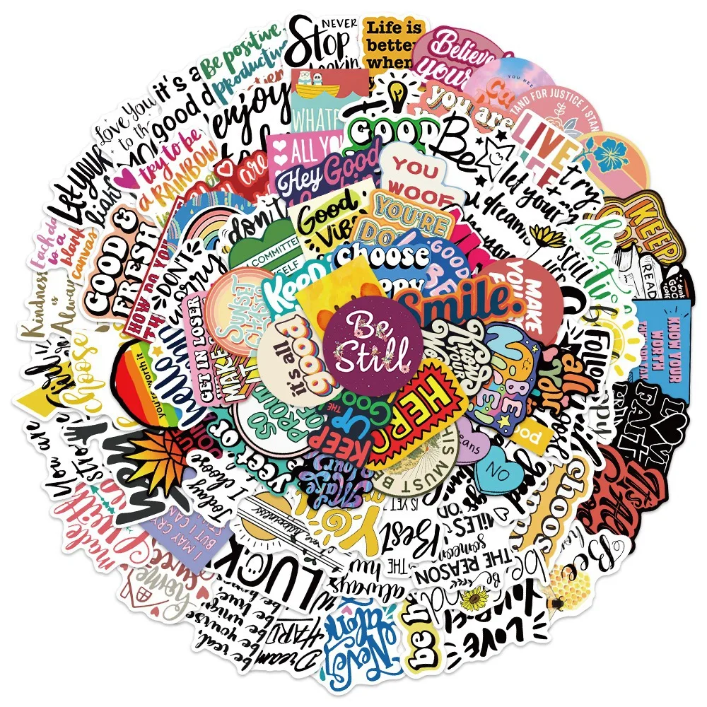 

100pcs Non-repeat Color Inspirational English Phrases Graffiti Stickers Personalized Suitcase Notebook Skateboard Stickers