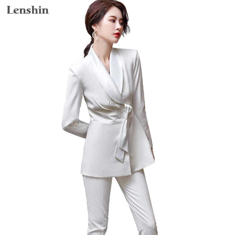 Lenshin Evening Wear 2 Piece Set for Women Shawl Collar White Pant Suits Business Office Lady Work Wear Blazer Suit with Sashes
