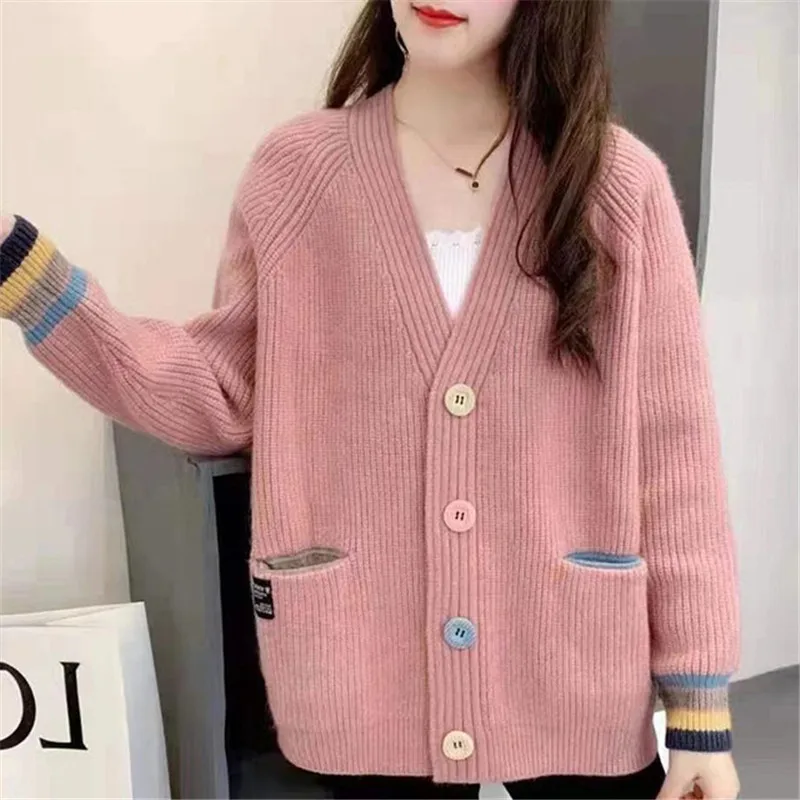 

Свитер Женский вязаный, однотонный, с V-образным вырезом, на пуговицах, с длинным рукавом, весна-осень 2021