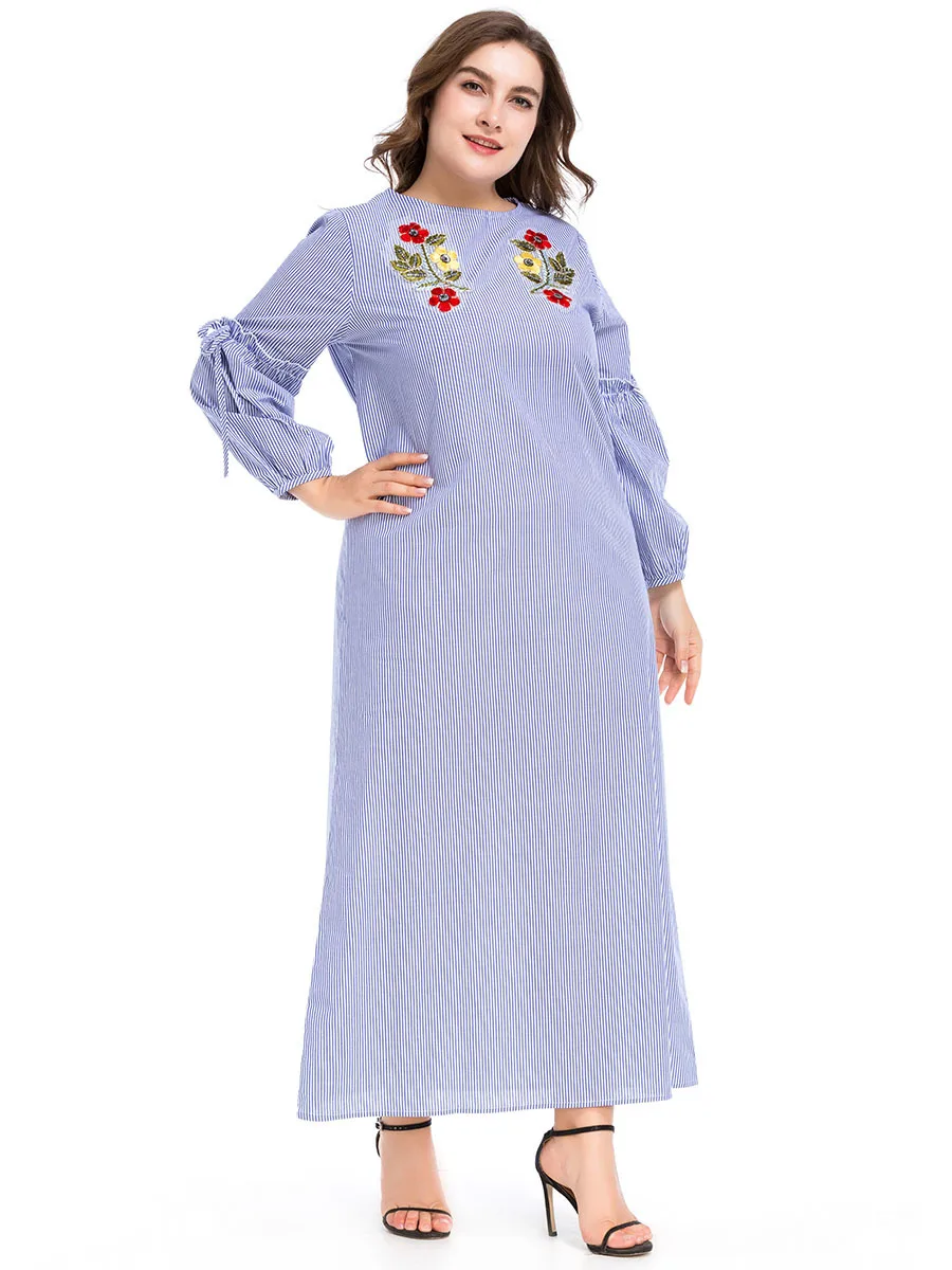 Женское длинное платье-Кафтан Abayas мусульманское платье в полоску с цветочным