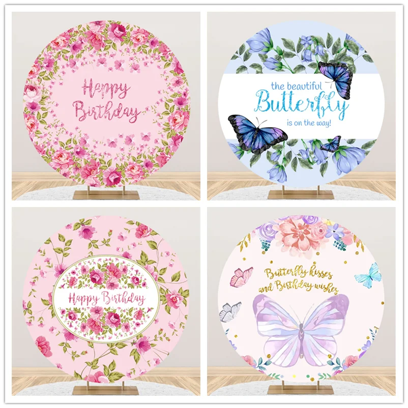 

Красивый фон для фотосъемки с изображением бабочек и цветов для мамы, жены или ребенка, декор для вечеринки в честь Дня Рождения, Круглый Кру...