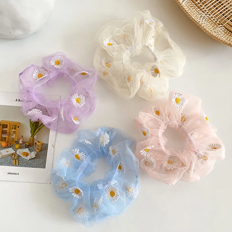 

Daisy Embroidery Scrunchies Candy Color Transparent Mesh Elastic Hair Bands Rings Accessories for Women Girls Ponytail Holder