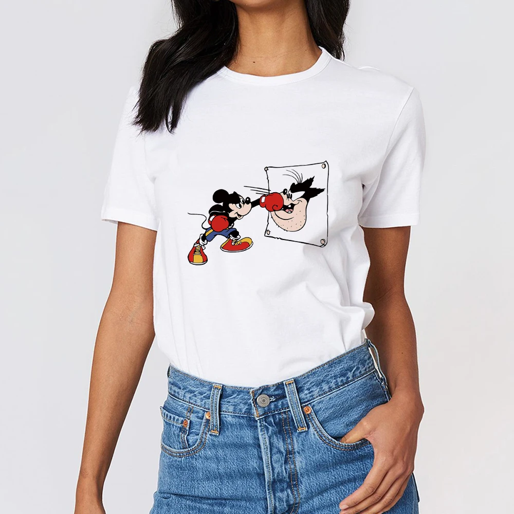 

Boxer Mickey Mouse Print Disney T-shirt Woman White Summer Crewneck Hipster Shirt 90s Harajuku Streetwear Women's Tee Shirt