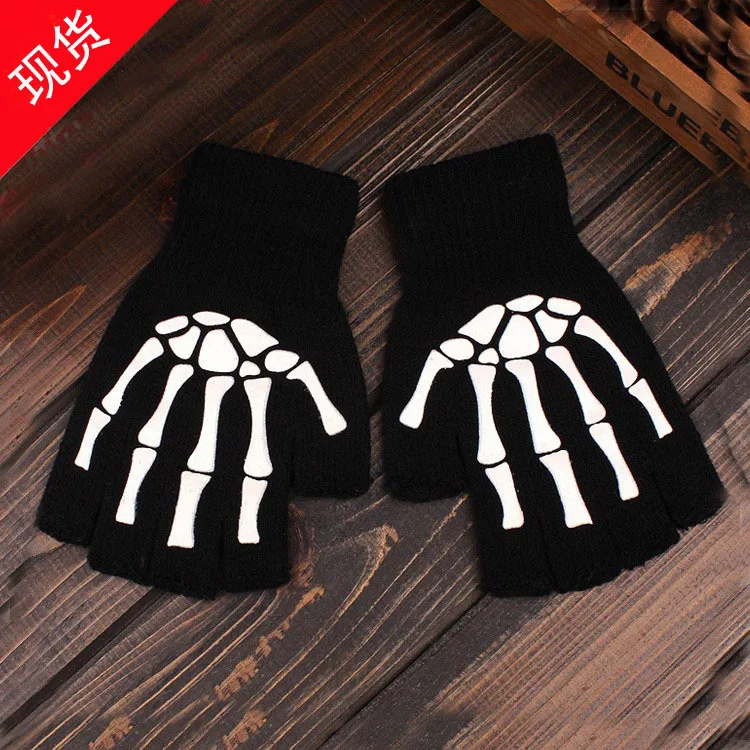 

Skeleton pattern riding Half Finger Gloves ghost claw Half Finger knitted gloves exposed finger dispensing gloves