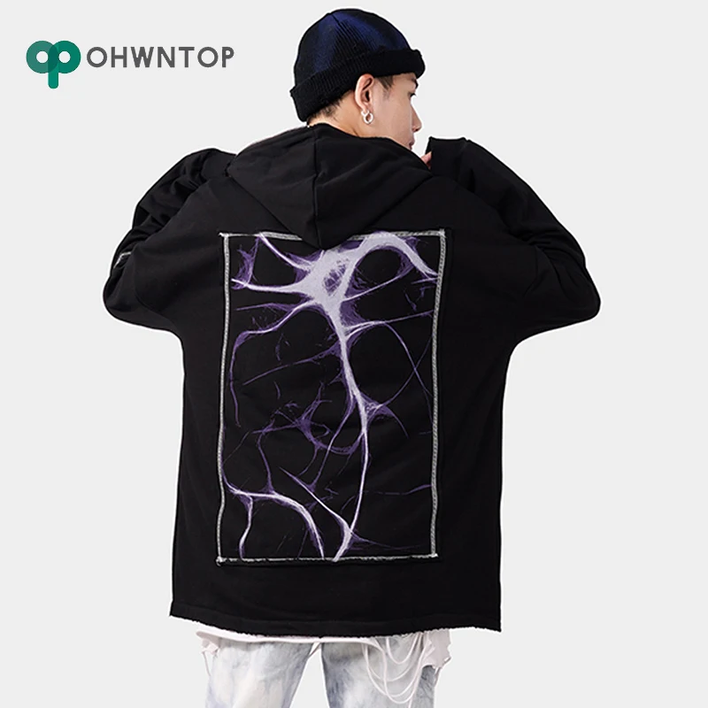 

Hip Hop Streetwear Hooded Sweatshirts Letter Lightning Print Hoodies Loose Fashion Pullover Casual Top Zipper Outerwear Coats