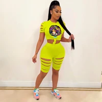 2021 womens tracksuit character letter print fitness two piece set women short sleeve crop top and hollow out biker shorts sets