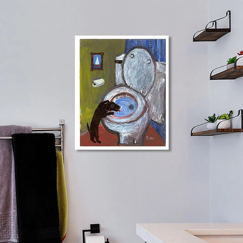 

Dog Reading Newspaper Toilet Wall Art Canvas Prints Funny Dog Painting Wall Picture Home Bathroom Decor Dogs Lover Gift