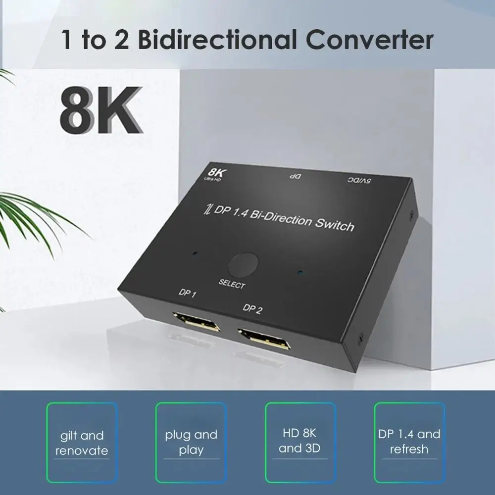 Divisor de Porta de Exibição 120hz para Múltiplas Interruptor Bidirecional 2×1 Dp1.4 @ 30hz 4k Fontes 8k 1×2 –