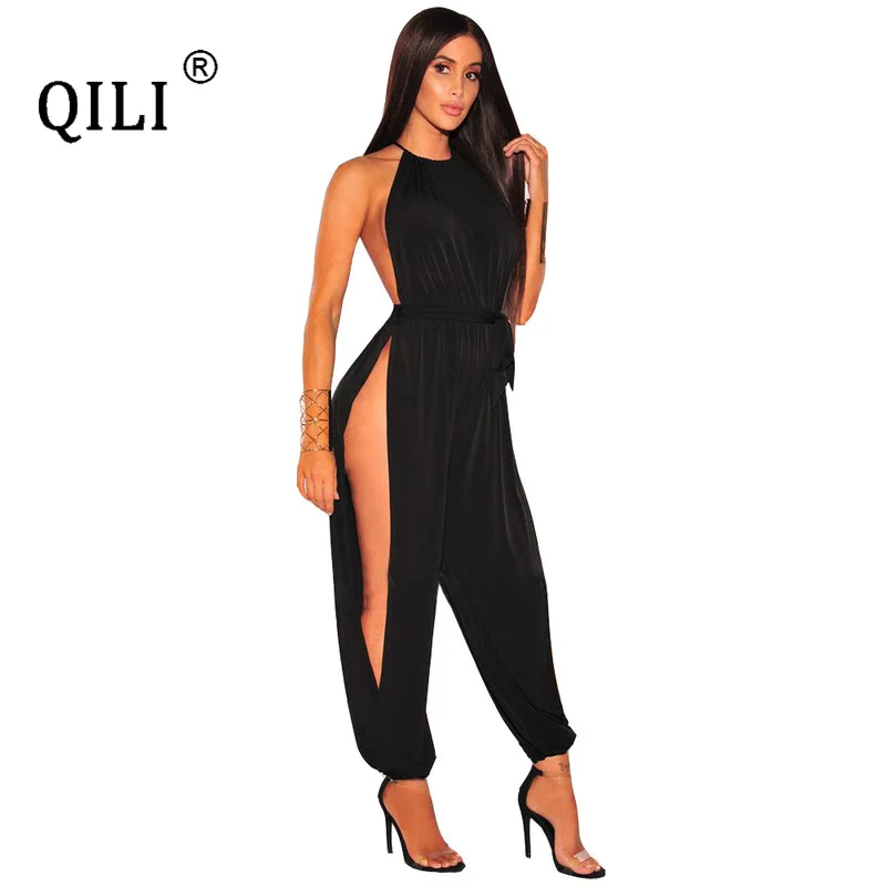 

QILI Women Solid Color Sexy V-neck Split Jumpsuit 2020 Spring New Women's Split Jumpsuit Sexy Nightclub Jumpsuit Black