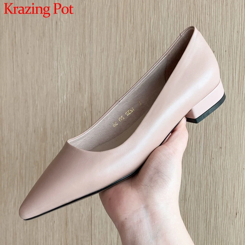 

Krazing Pot concise style cozy full grain leather pointed toe low heel shoes women office lady elegant shallow slip on pumps L32