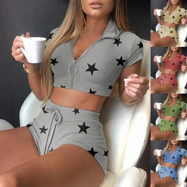 

2021 Summer Two Piece Set Women Star Printing Knitted Suit Zipper Short Sleeve Crop Top and Shorts Sexy Bodycon Streetwear Sport