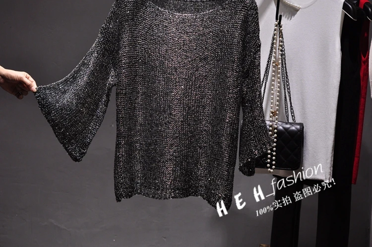 Qooth Shiny Lurex Sequin Sweater Women Long Sleeve Pullover Round Neck Golden Basic Shirt Knit Tops Jumper QH2174 | Женская одежда