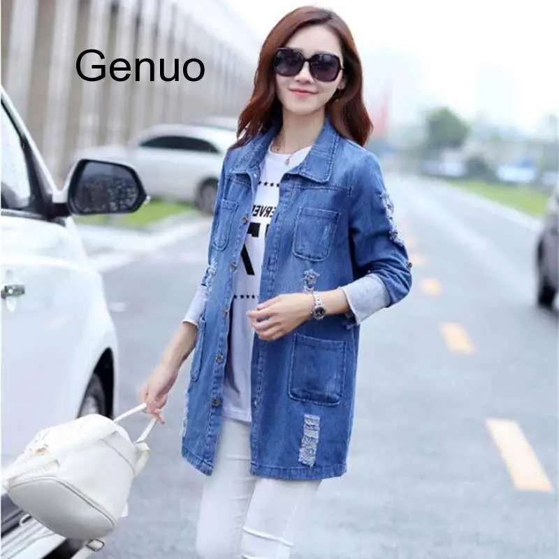 Размера плюс S 5XL базовые длинные джинсы пальто для женщин рваные джинсовая