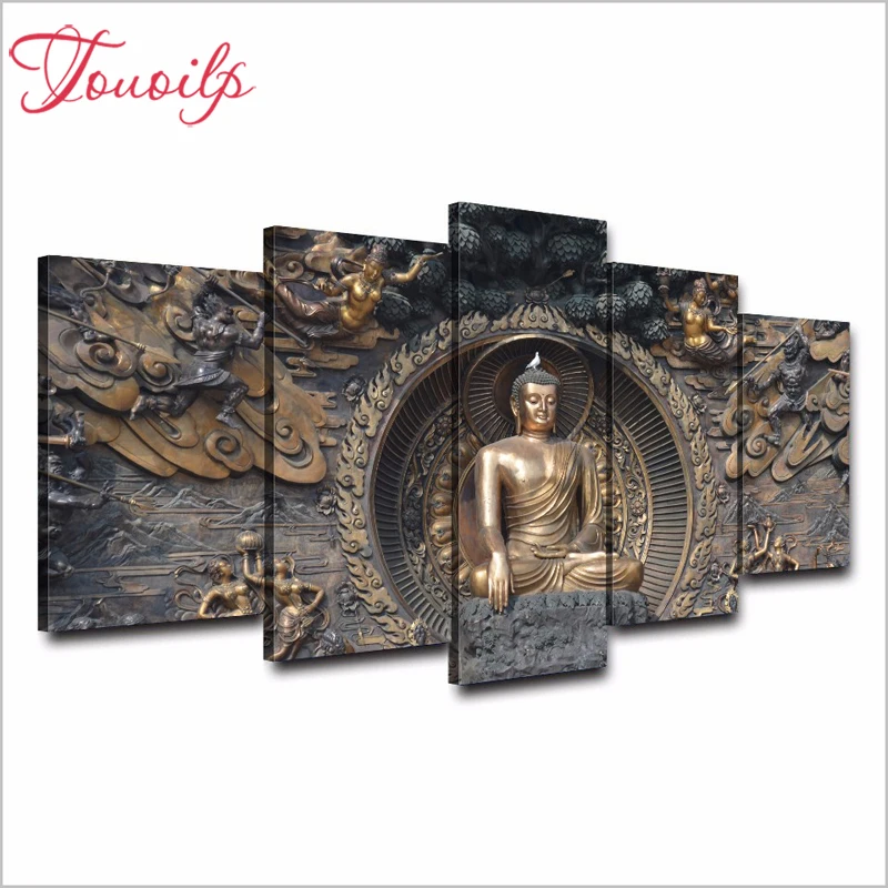 

TOUOILP 5D DIY Full Square&round 5 Panel Buddha Statue Buddhism Living Room 5d Diamond Painting Combination diamond Embroidery Mosaic Home Decor painting