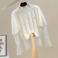 harajuku sweater for woman hot drilling flower lace sleeve stand collar sweaters female elegant women white sweters pullover top