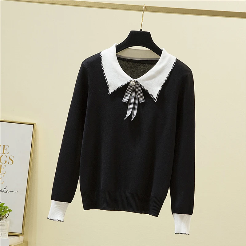 

Womens Knited Sweater Patchwork Bow Loose Casual Knitting Pullover Female Long Sleeve Peter pan Collar Thin Spring New Knitwear