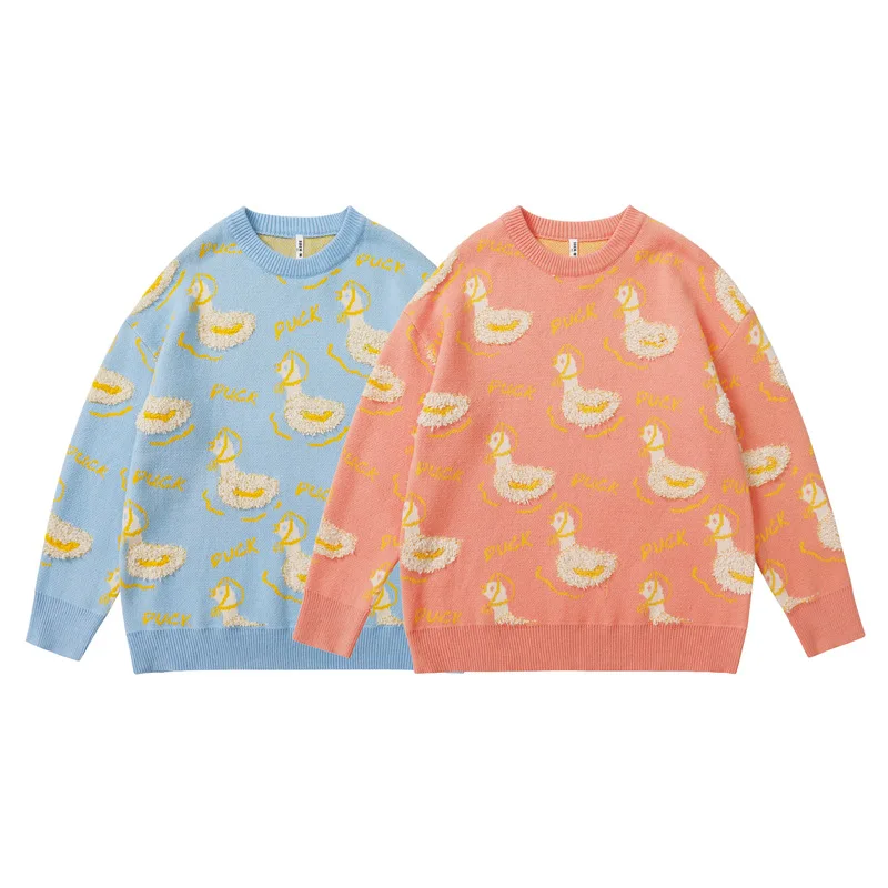 

My032 Autumn Men's Sweater Couple Sweet Style High Street Harajuku Cartoon Cute Yellow Duck Casual Loose Women Pullover Knitwear