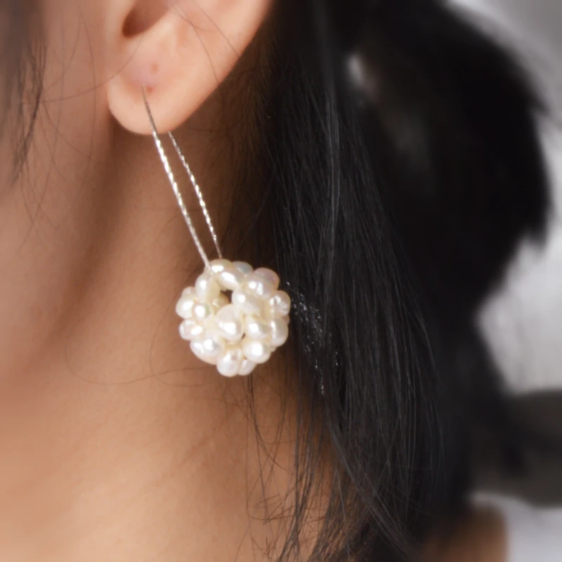 Женские серьги кольца из серебра 925 пробы с натуральным пресноводным