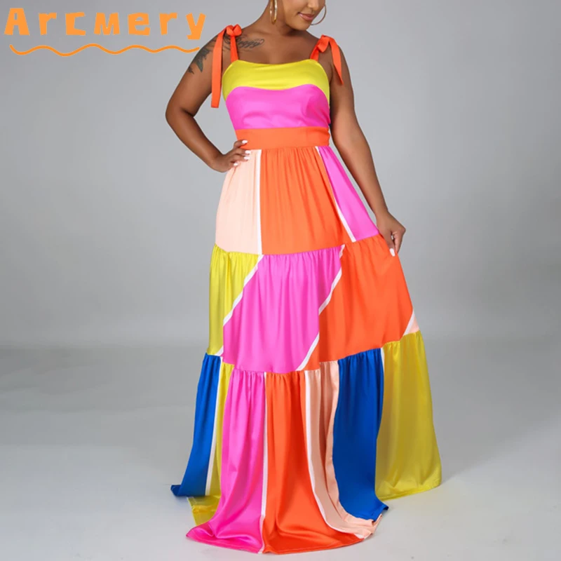 

Women Spaghetti Strap Color Block Ruffle Design Maxi Dress