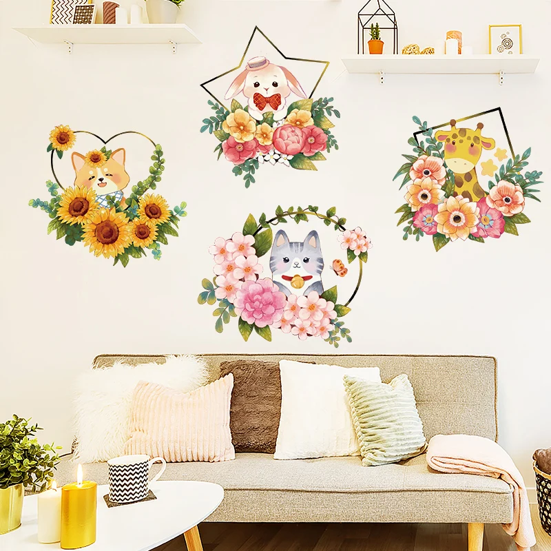 

[shijuekongjian] Flowers Plants Wall Stickers DIY Cartoon Animals Wall Sticker for Kids Rooms Living Room Home Decoration