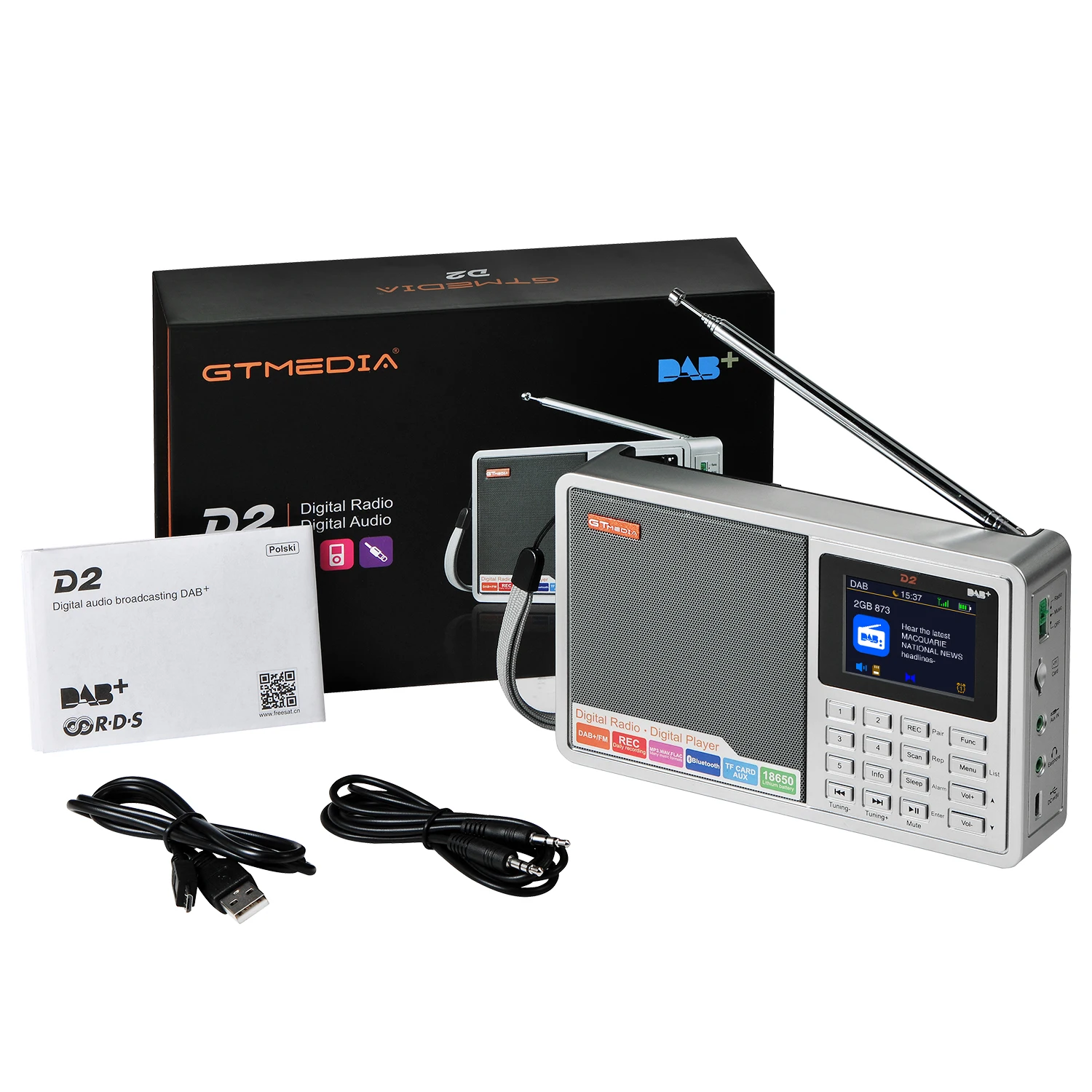 Портативный радиоприемник GTMEDIA D2 DAB +/FM/BT/карта/AUX/стерео/RDS с TFT-ЖК-дисплеем