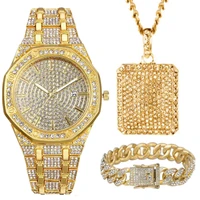 iced out watch necklace for men 3pcs luxury diamond watch men bling fashion hip hop jewelry set mens gold watch quartz relogio