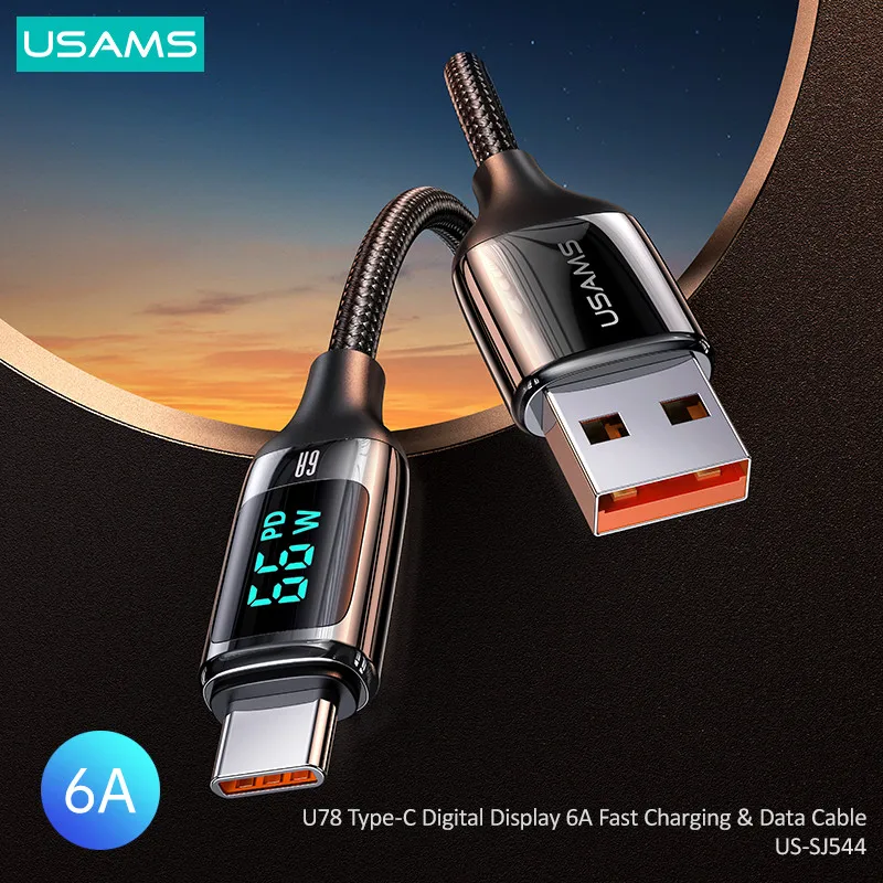 Кабель для быстрой зарядки USAMS 100 Вт 6 А со светодиодным дисплеем USB A C на Type