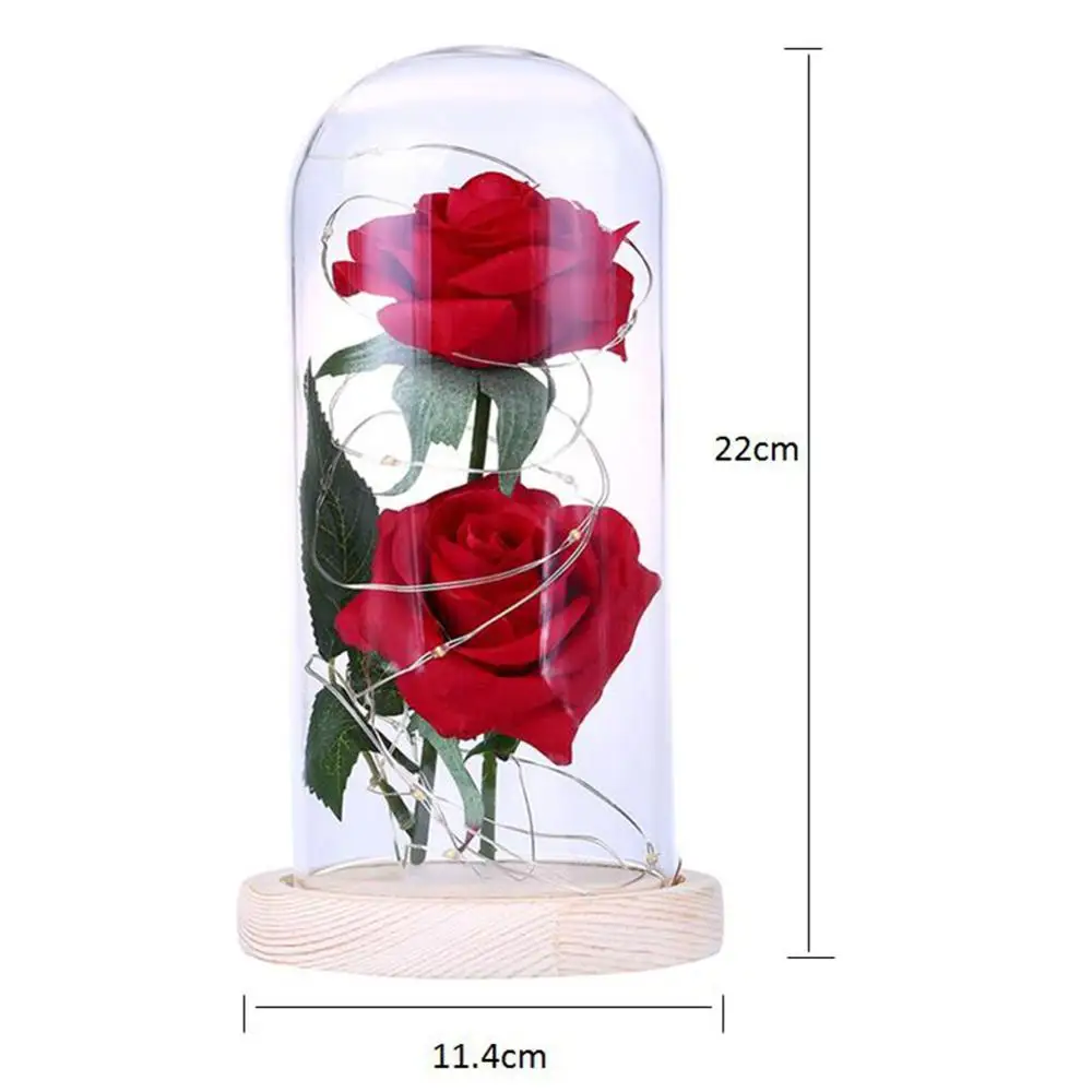 Красавица и Чудовище красная роза в стеклянном куполе на деревянной основе для