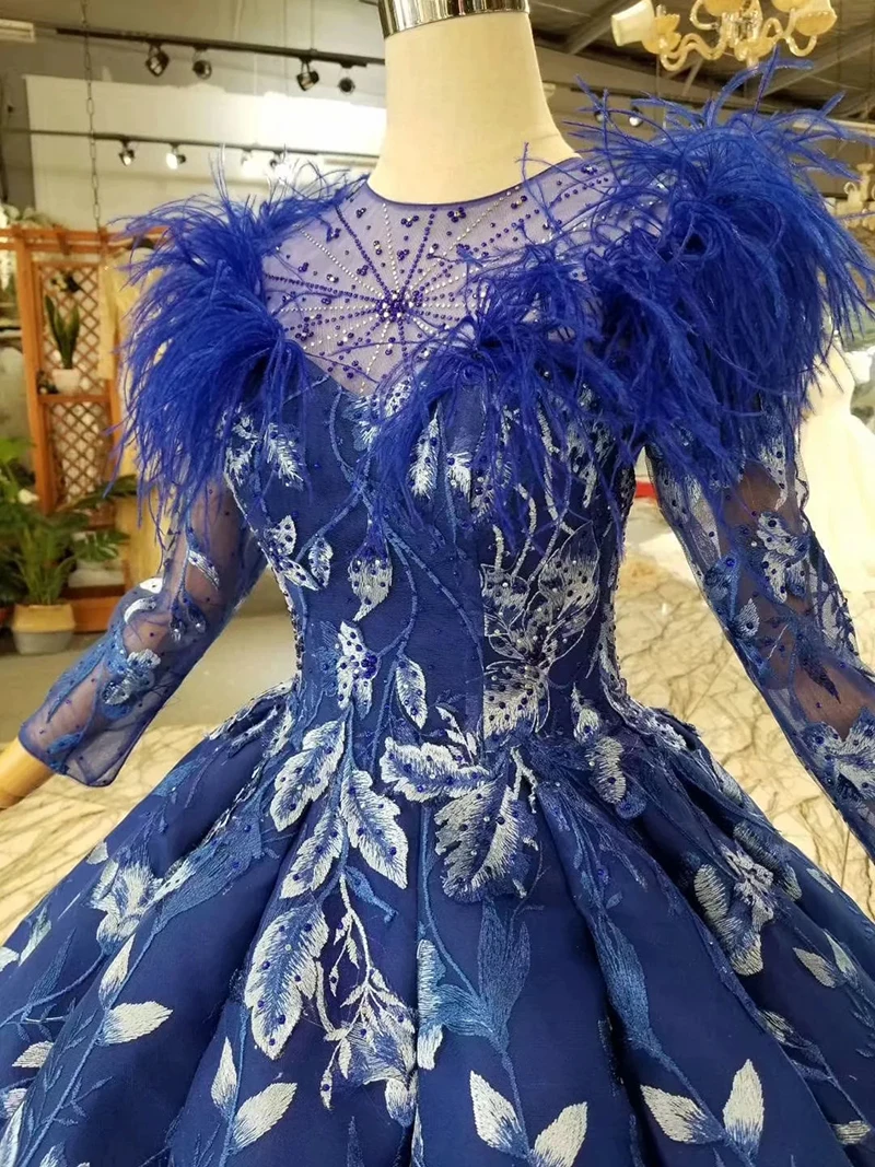 

BGW 22812ht Blue Prom Dress Ball Gown Feather O Neck Long Sleeve Muslim Evening Dress Floor Length Pleat Party Dress Ladies 2020