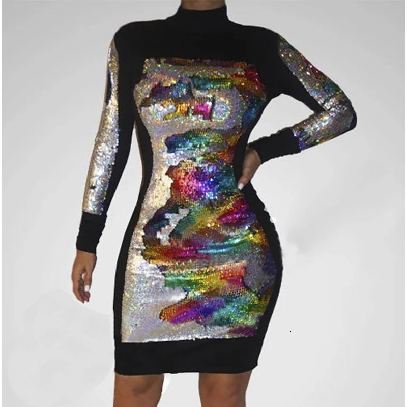 Сексуальное женское облегающее черное платье vestidos, платья для вечеринок, Украинская одежда sukienki, кружевное платье с блестками и длинным рукавом - Цвет: Discoloration